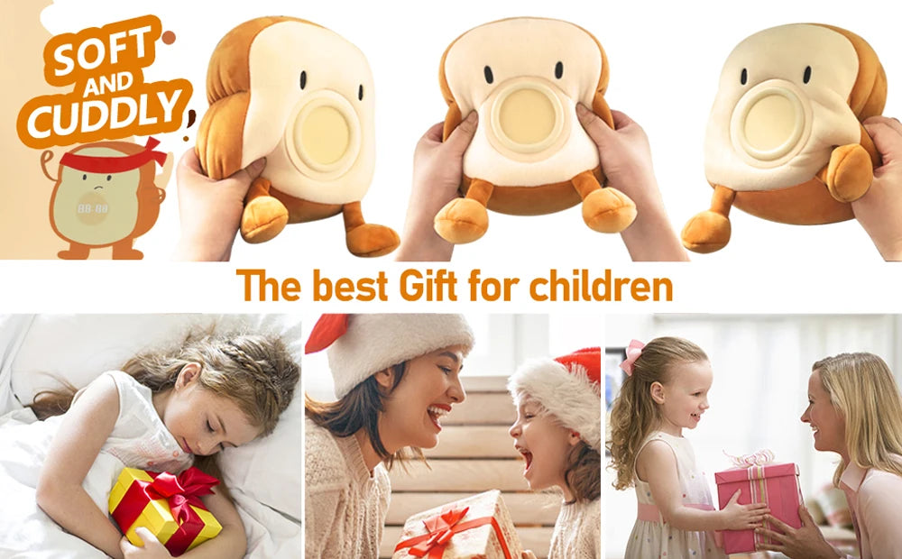 D2 Toast Plush Alarm Clock Lamp Rechargeable Dimmable Bedside Bedroom Clock with Dual Snooze Alarm Kids Cute Decor Night Light
