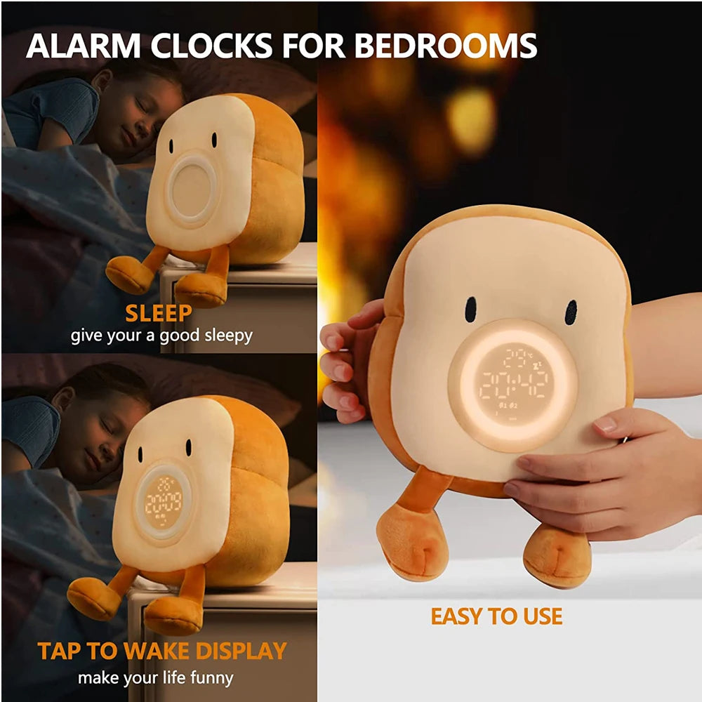 D2 Toast Plush Alarm Clock Lamp Rechargeable Dimmable Bedside Bedroom Clock with Dual Snooze Alarm Kids Cute Decor Night Light