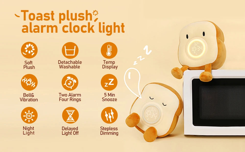 D2 Toast Plush Alarm Clock Lamp Rechargeable Dimmable Bedside Bedroom Clock with Dual Snooze Alarm Kids Cute Decor Night Light