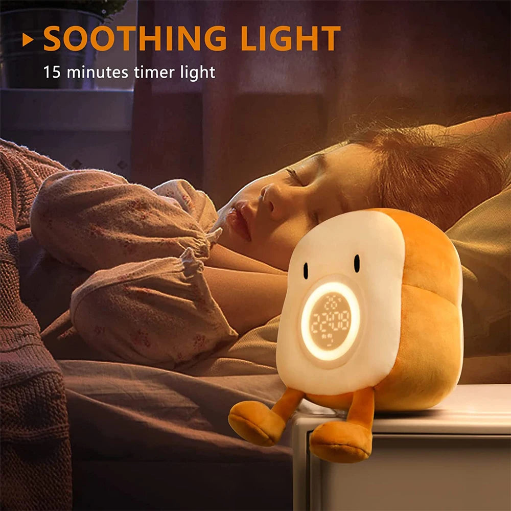 D2 Toast Plush Alarm Clock Lamp Rechargeable Dimmable Bedside Bedroom Clock with Dual Snooze Alarm Kids Cute Decor Night Light