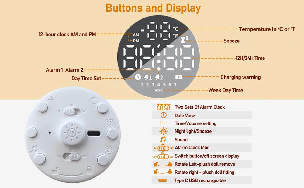 D2 Toast Plush Alarm Clock Lamp Rechargeable Dimmable Bedside Bedroom Clock with Dual Snooze Alarm Kids Cute Decor Night Light