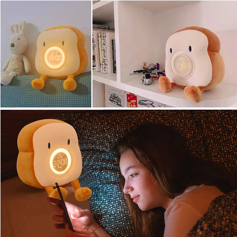 D2 Toast Plush Alarm Clock Lamp Rechargeable Dimmable Bedside Bedroom Clock with Dual Snooze Alarm Kids Cute Decor Night Light